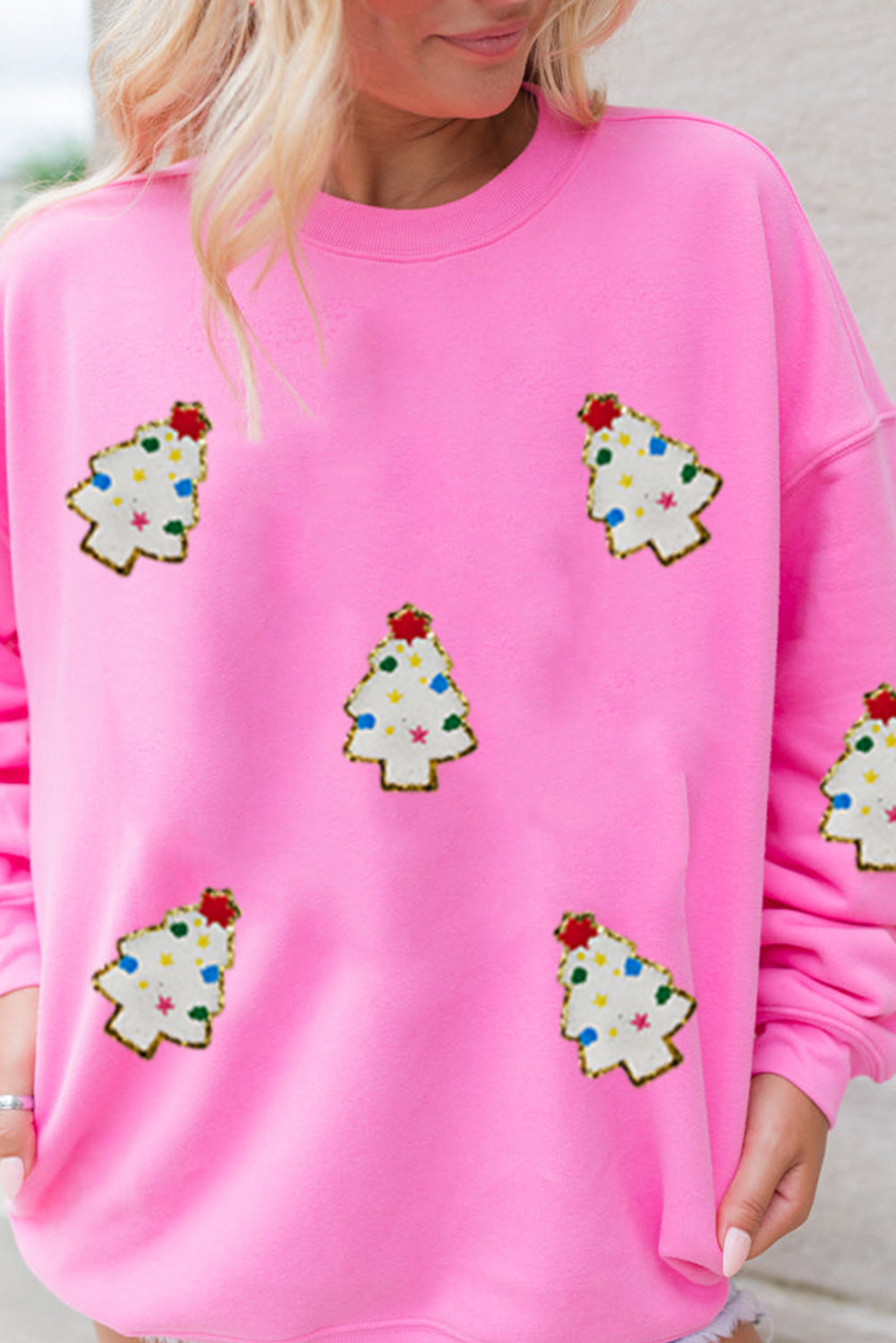 Bonbon Christmas Tree Patch Pattern Crew Neck Sweatshirt