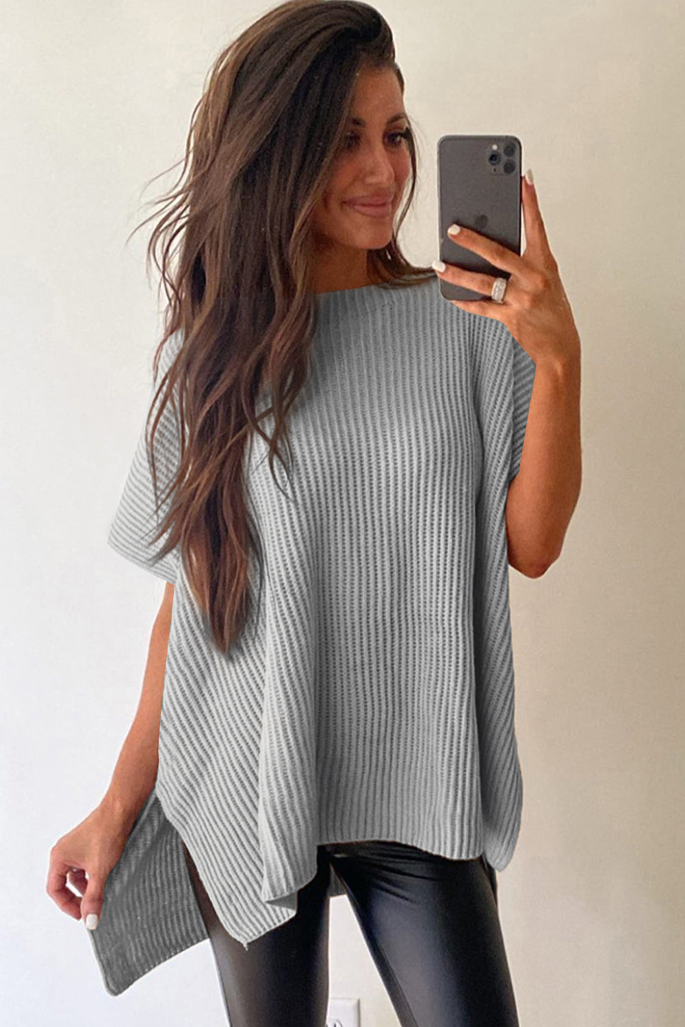 Apricot Side Slit Short Sleeve Oversized Sweater