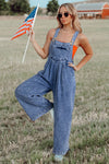 Light Blue Mineral Wash Button Straps Wide Leg Denim Overalls