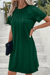 Dark Brown Contrast Lace Raglan Sleeve Pleated Detail Shift Dress