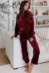 Red Solid Velvet Round Neck Top & Drawstring Pants Longe Set