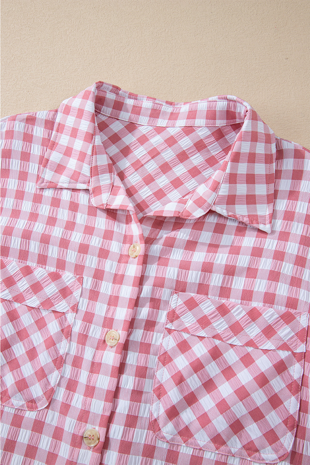 Pink Gingham Print Chest Pockets Buttoned Shirt