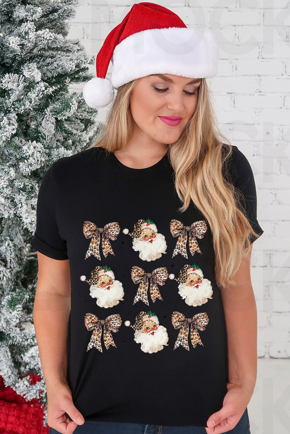 White Santa Claus Leopard Bow Print Crew Neck Graphic T Shirt