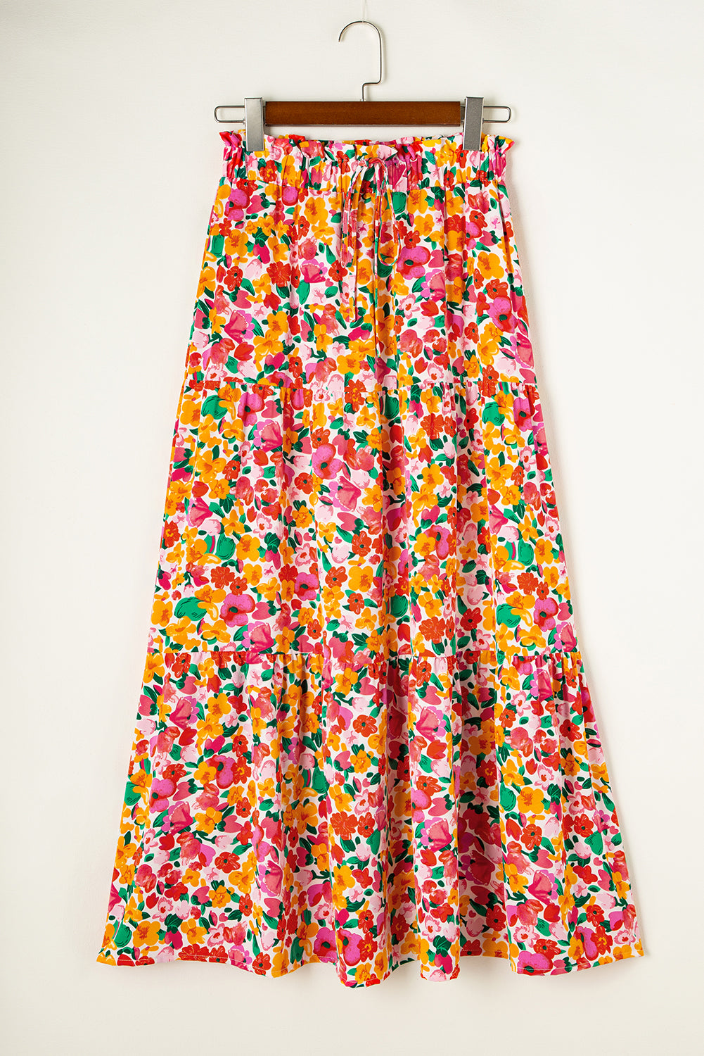 Yellow Boho Floral Print Tiered Maxi Skirt