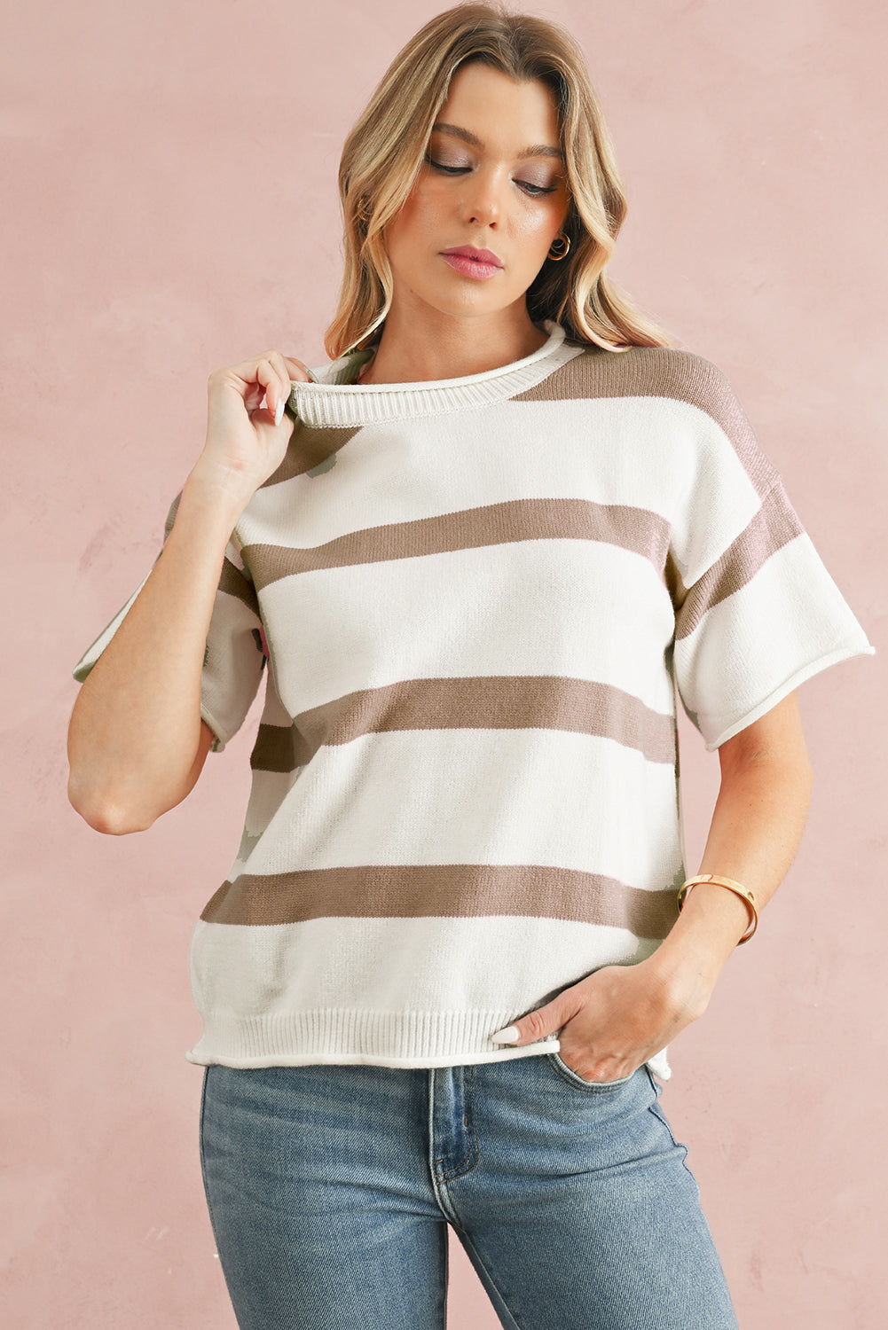 Khaki Striped Drop Shoulder Knitted Top