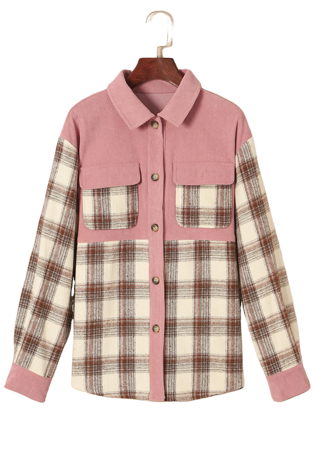 Brown Casual Plaid Colorblock Button Down Shacket