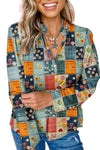 Sky Blue Checkered Floral Patchwork V Neck Blouse