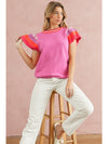 Bright Pink Contrast Sleeve Striped Round Neck Knitted Tee