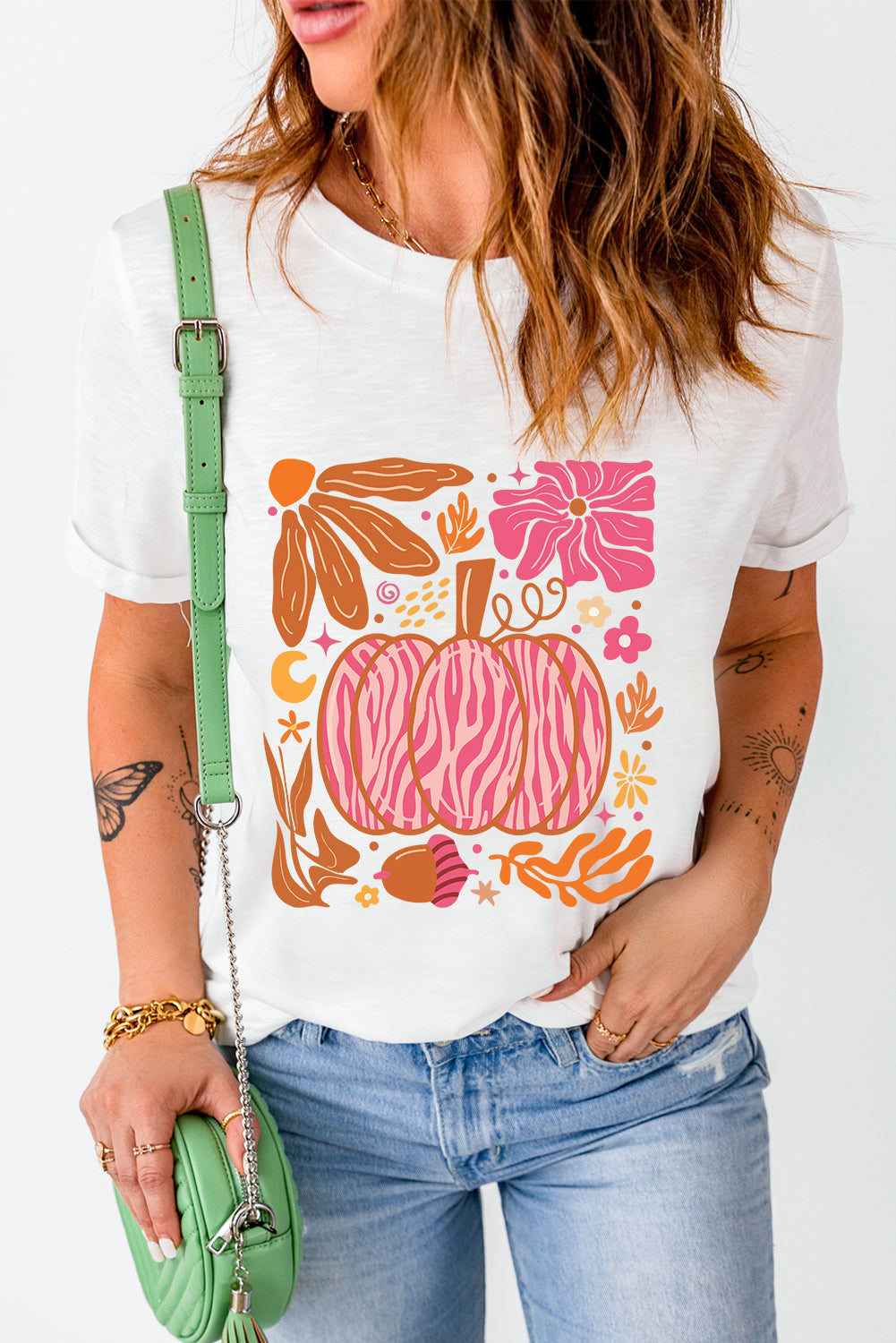 White Floral Pumpkin Printed Crewneck Thanksgiving T Shirt