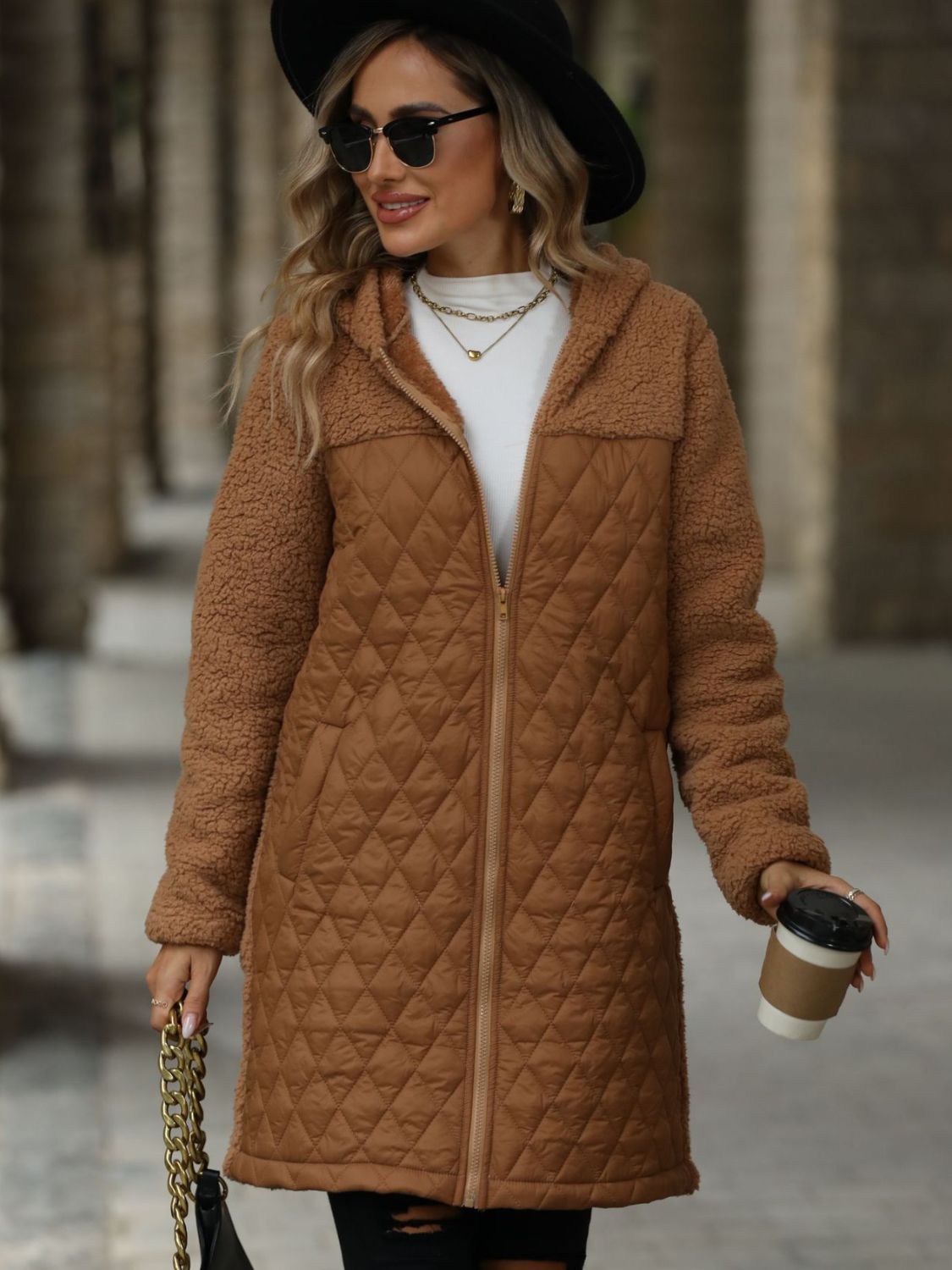 Texture Zip Up Long Sleeve Hooded Coat