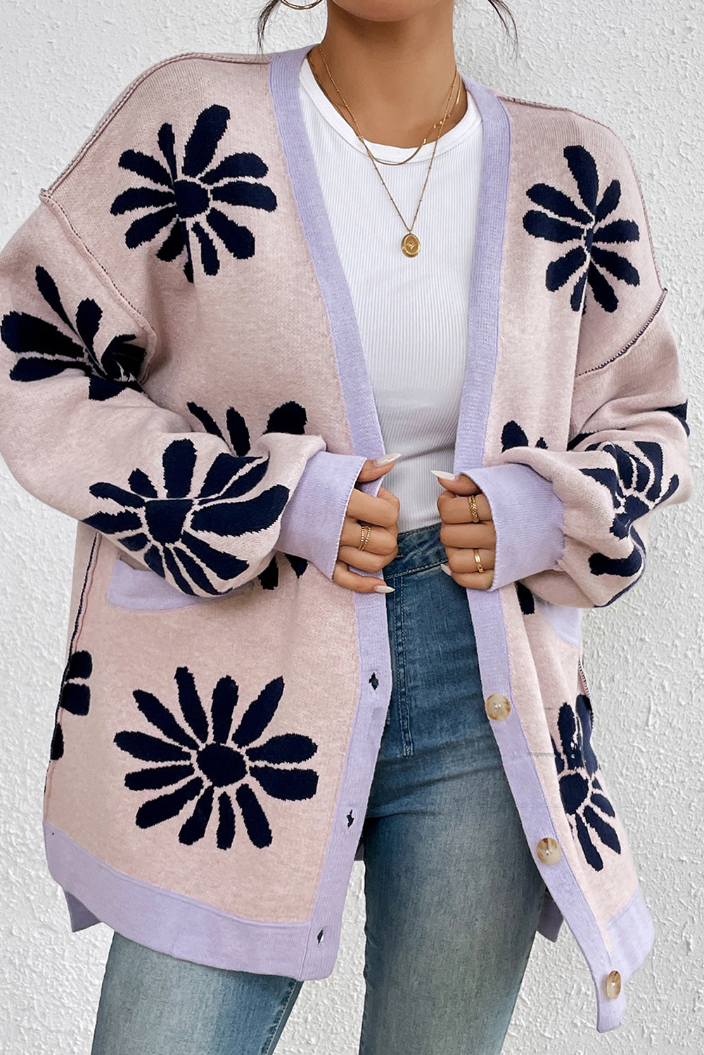 Pink Floral Print V-neck Side Pockets Knit Cardigan