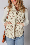 Apricot Floral Print Zip Up Quilted Warm Vest
