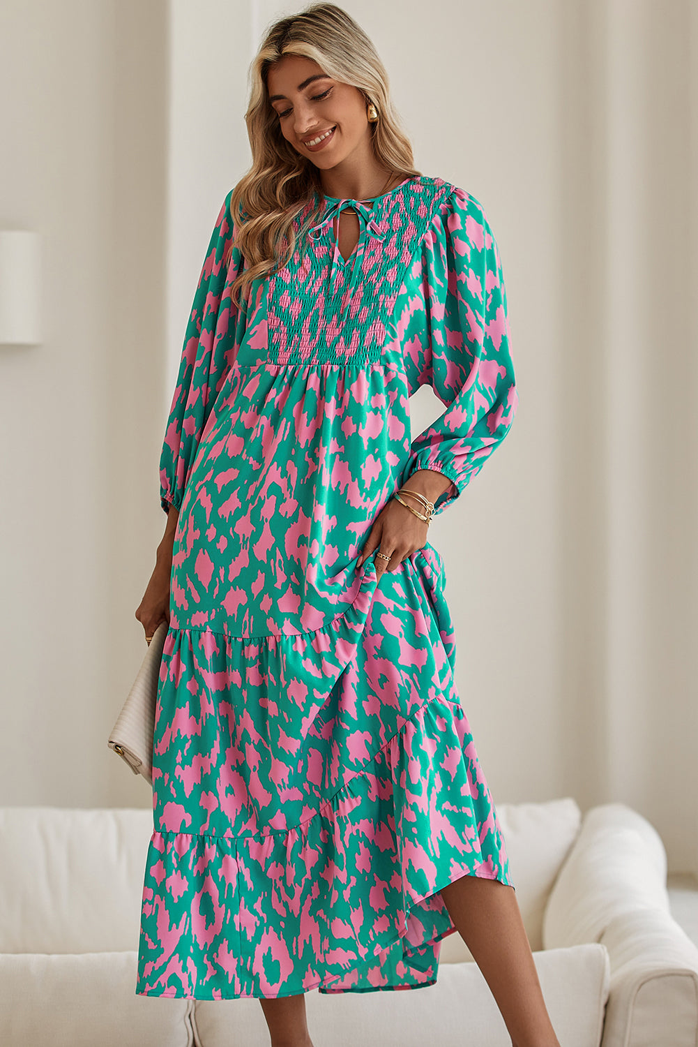 Sky Blue Abstract Print Puff Sleeve Smocked V Neck Maxi Dress