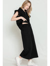 Black Textured Ruffle Cap Sleeve Top and Wide Leg Pants Set