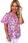 Pink Floral Print Lace Detail Frill V Neck Blouse