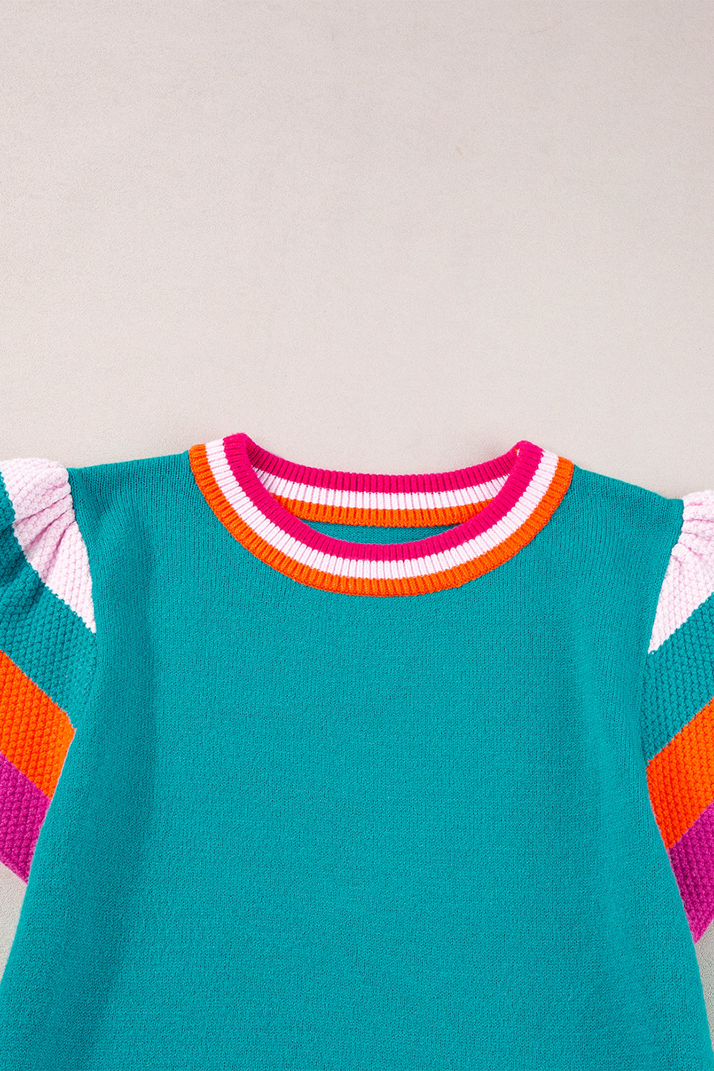 Bright Pink Contrast Sleeve Striped Round Neck Knitted Tee