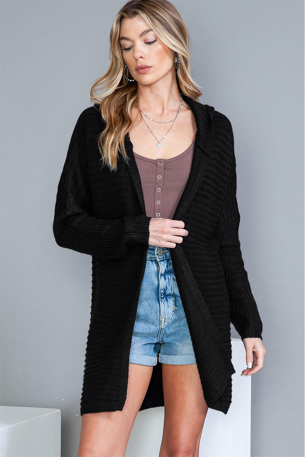 Black Horizontal Rib Knitted Open Front Hooded Cardigan