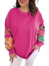 Rose Red Leopard Patchwork Sleeve Split Plus Sweatshirt