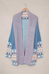 Blue Geometric Print Open Front Knit Cardigan