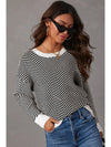 Coffee Stripe Contrast Edge Crew Neck Drop Shoulder Sweater