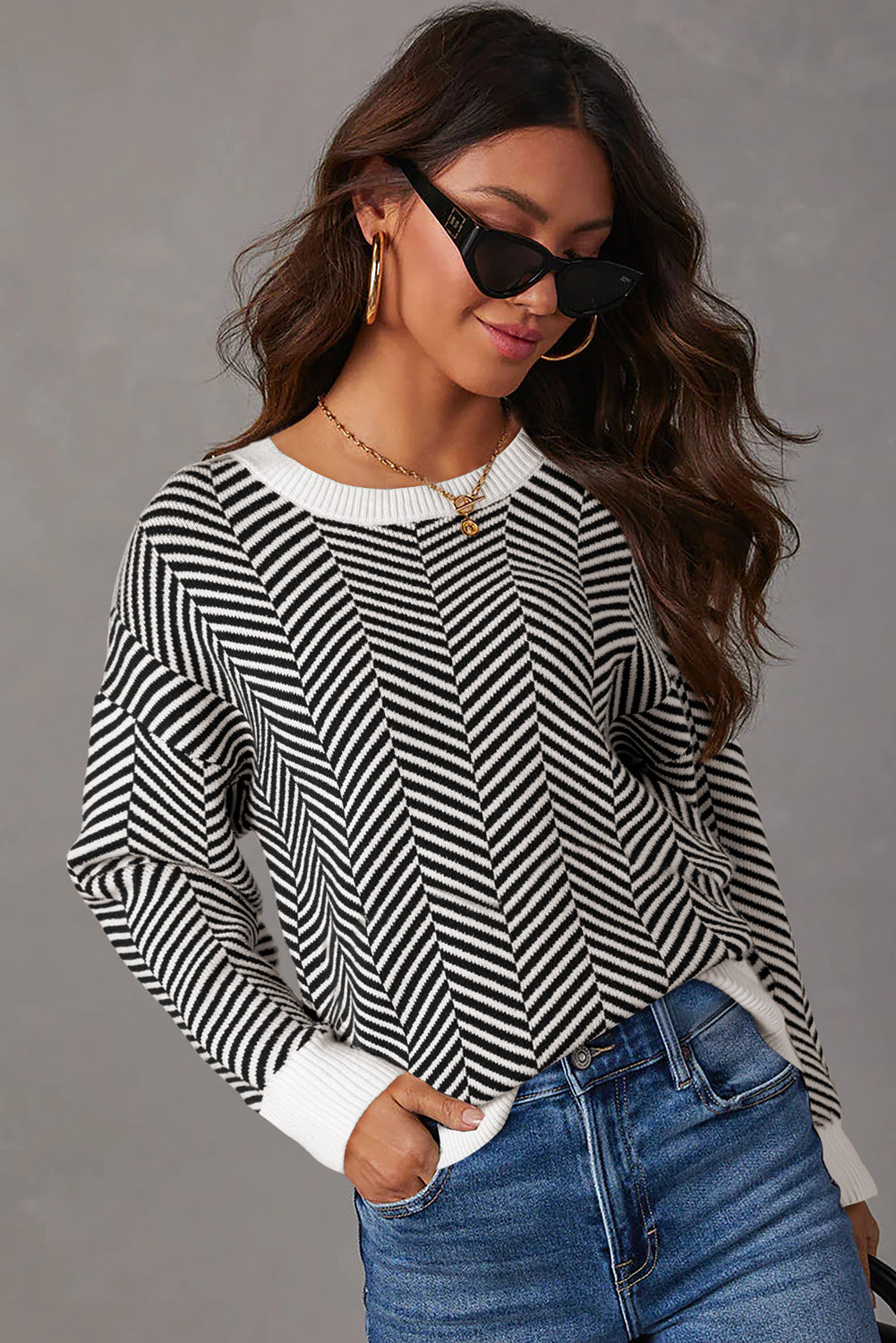 Coffee Stripe Contrast Edge Crew Neck Drop Shoulder Sweater