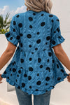 Blue V-Neck Polka Dot Crinkled Blouse