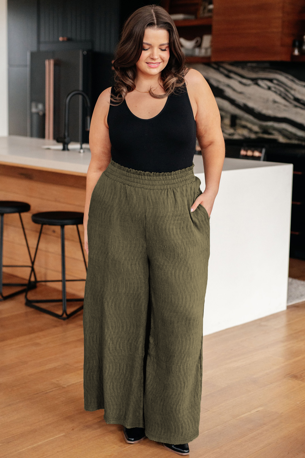 Jungle Green Plus Size Textured Shirred High Waist Pants