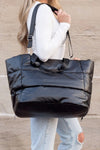 Black Solid Color Zipper Puffer Large Tote Bag