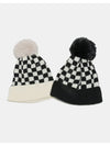 Checkered Knit Hat with Pompom