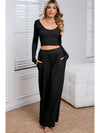 Black Plain Ribbed Crop Top & Wide Leg Pants Two Piece Pants Set