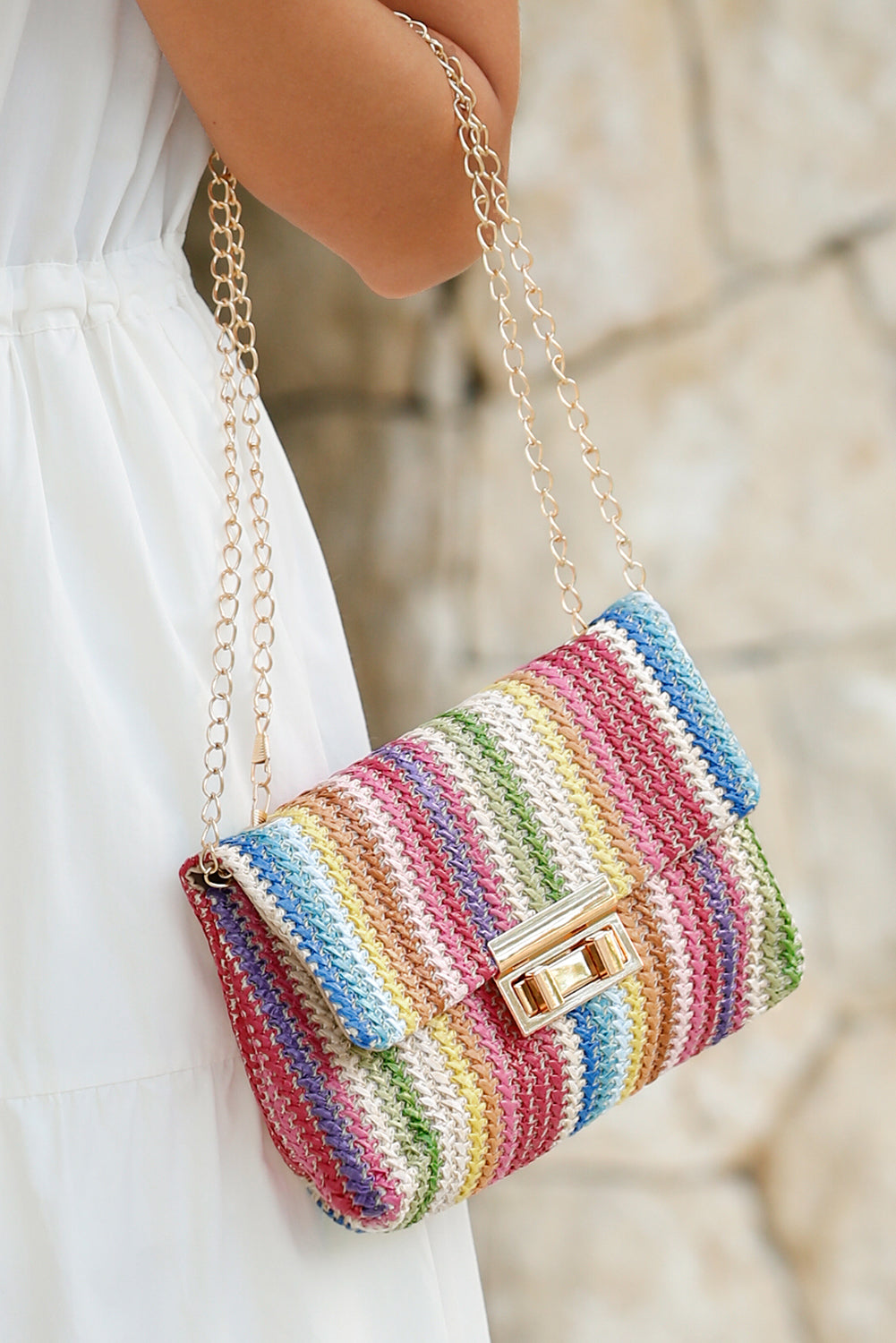 Multicolour Striped Crochet Flapped Single Shoulder Bag