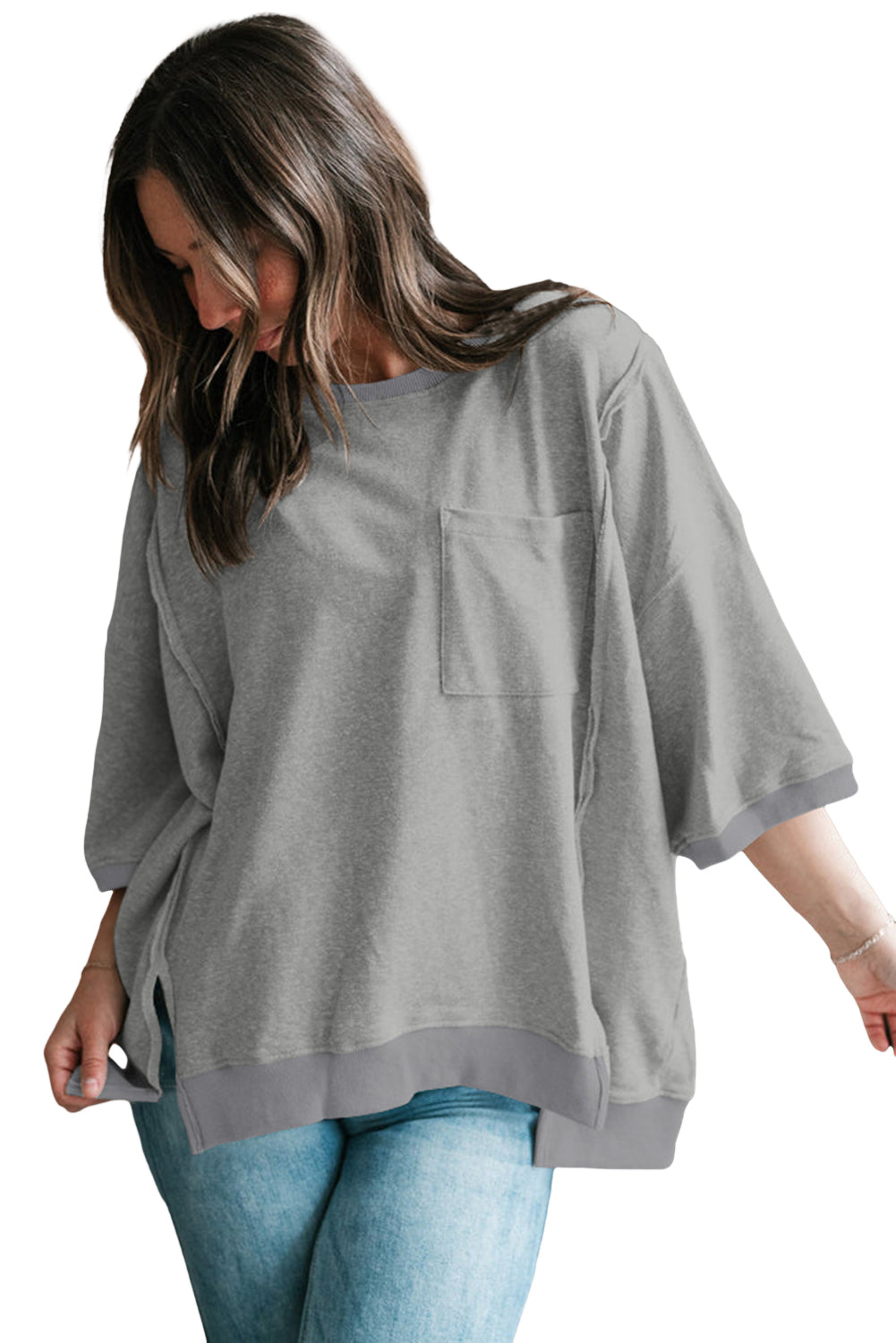 Laurel Green Exposed Seam Pocket Side Split Loose T Shirt