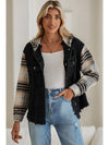 Black Patchwork Plaid Sleeve Frayed Hem Hooded Denim Jacket