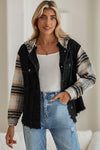 Black Patchwork Plaid Sleeve Frayed Hem Hooded Denim Jacket