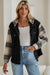 Black Patchwork Plaid Sleeve Frayed Hem Hooded Denim Jacket