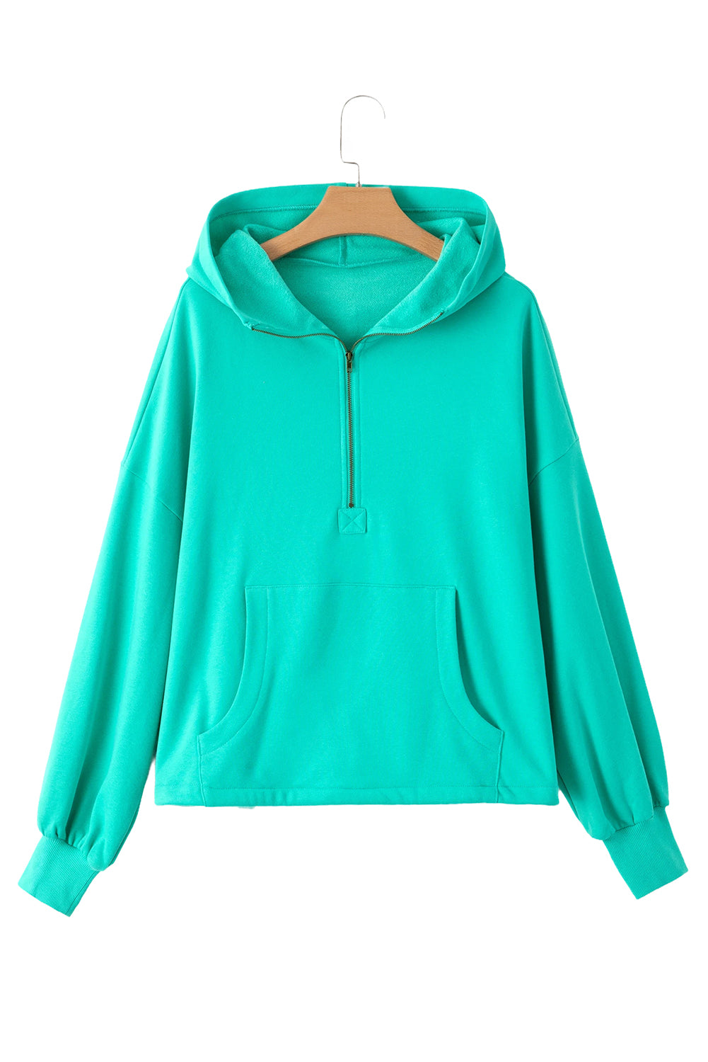 Smoke Green Half Zipper Kangaroo Pockets Drop Shoulder Hoodie