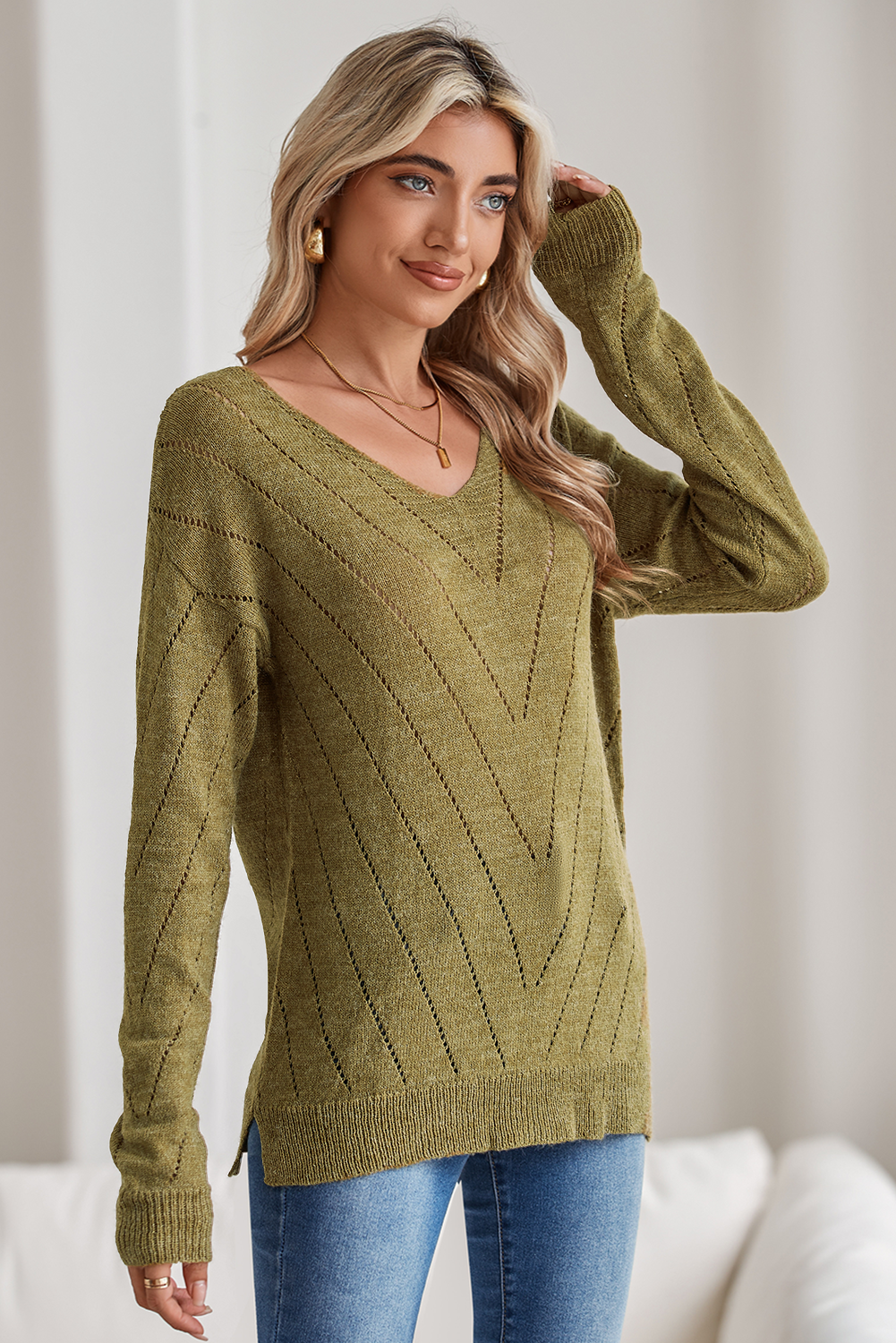 Sage Green Solid Eyelet Drop Shoulder V Neck Sweater