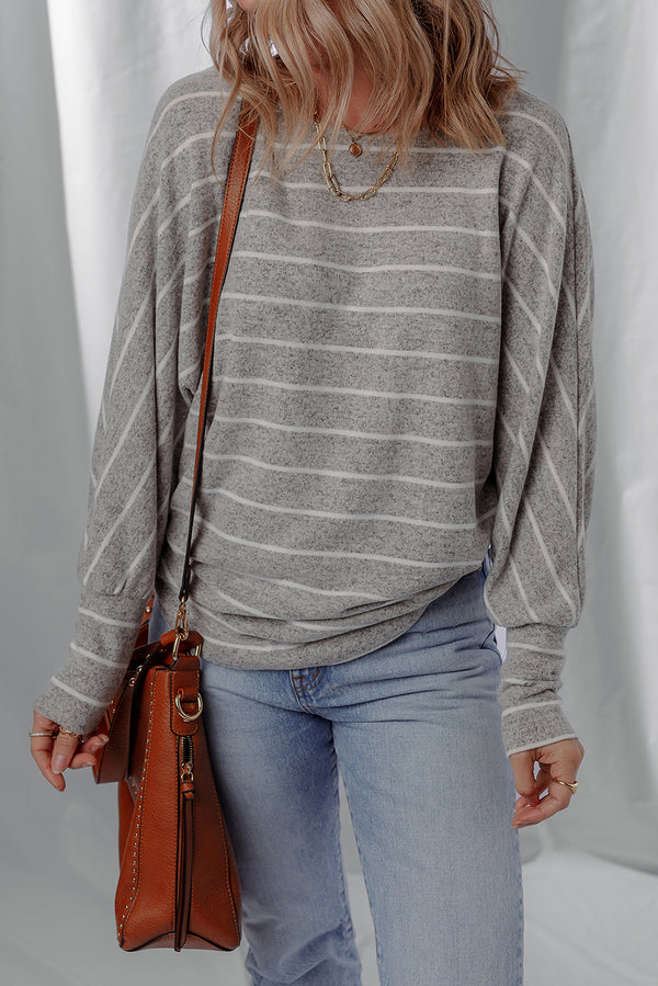 Gray Stripe Bishop Sleeve Drop Shoulder Top