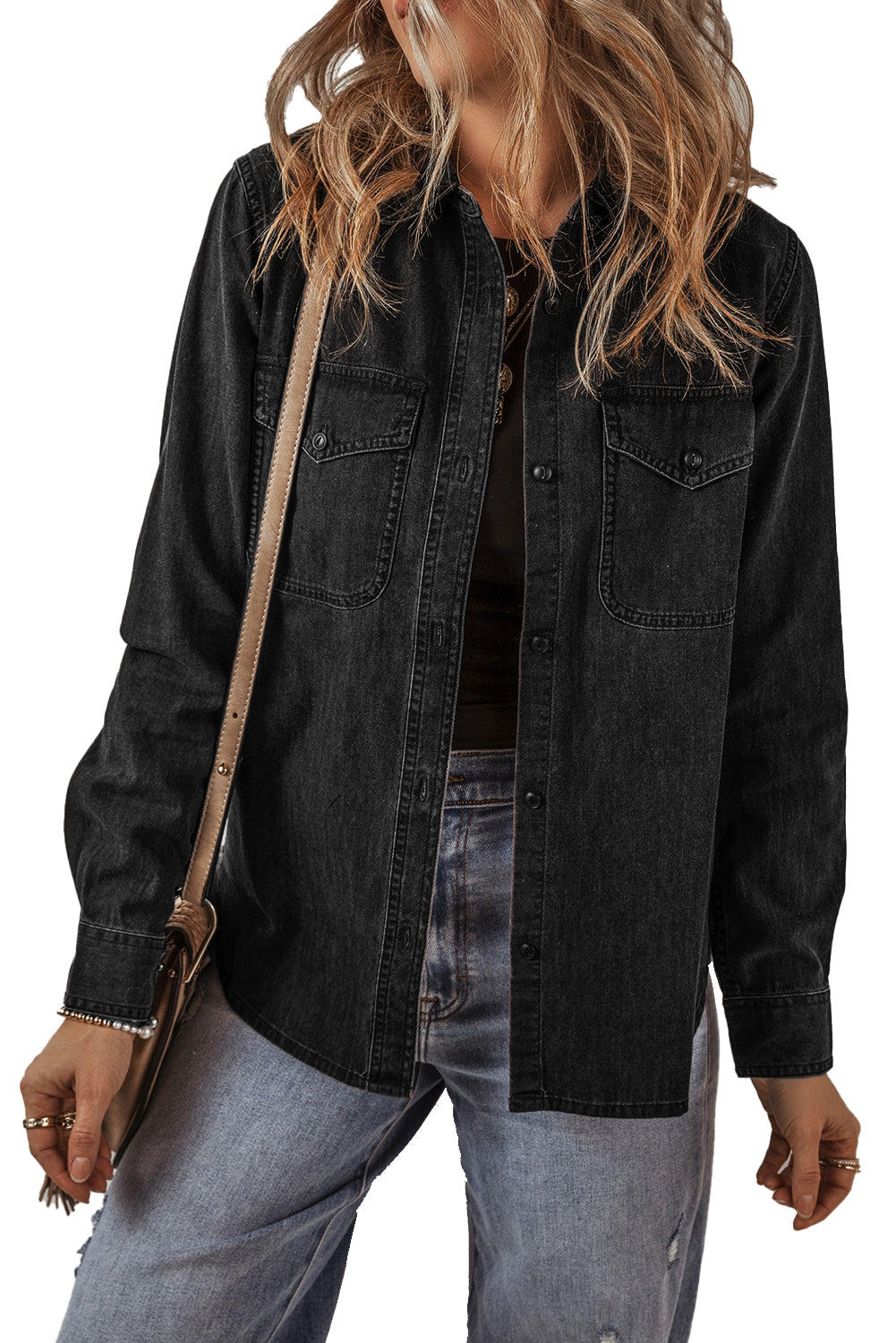 Black Flap Pocket Button Front Collared Denim Jacket