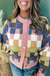 Multicolour Checkered Pattern Button Front Knit Cardigan