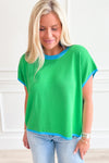Rose Red Contrast Trim Round Neck Short Sleeve Loose Knit Top