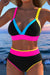 Black Color Block Drawstring Side V Neck High Waist Bikini Set