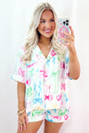 White Bowknot Print Buttoned Shirt and Shorts Pajama Set