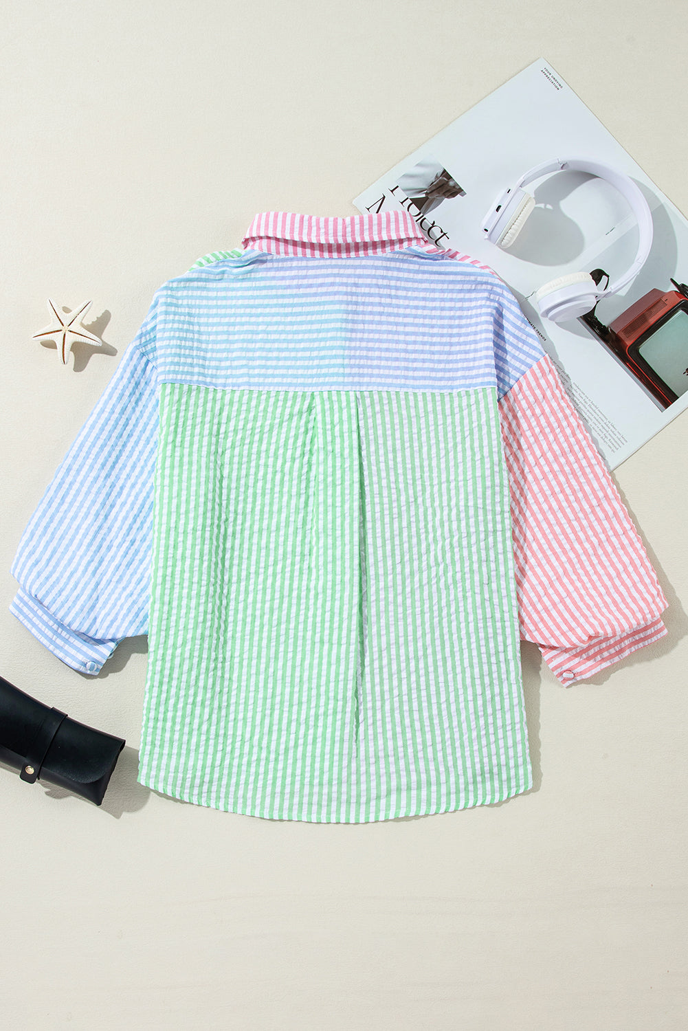 Pink Stripe Color Block Balloon Sleeve Button Loose Fit Shirt