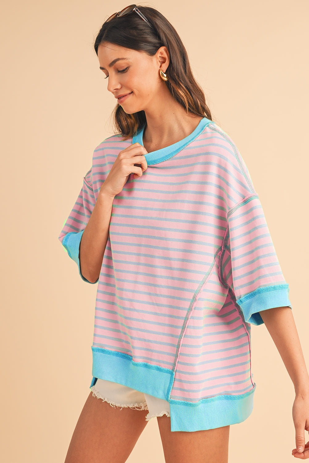 Sky Blue Stripe Contrast Drop Sleeve Loose Top