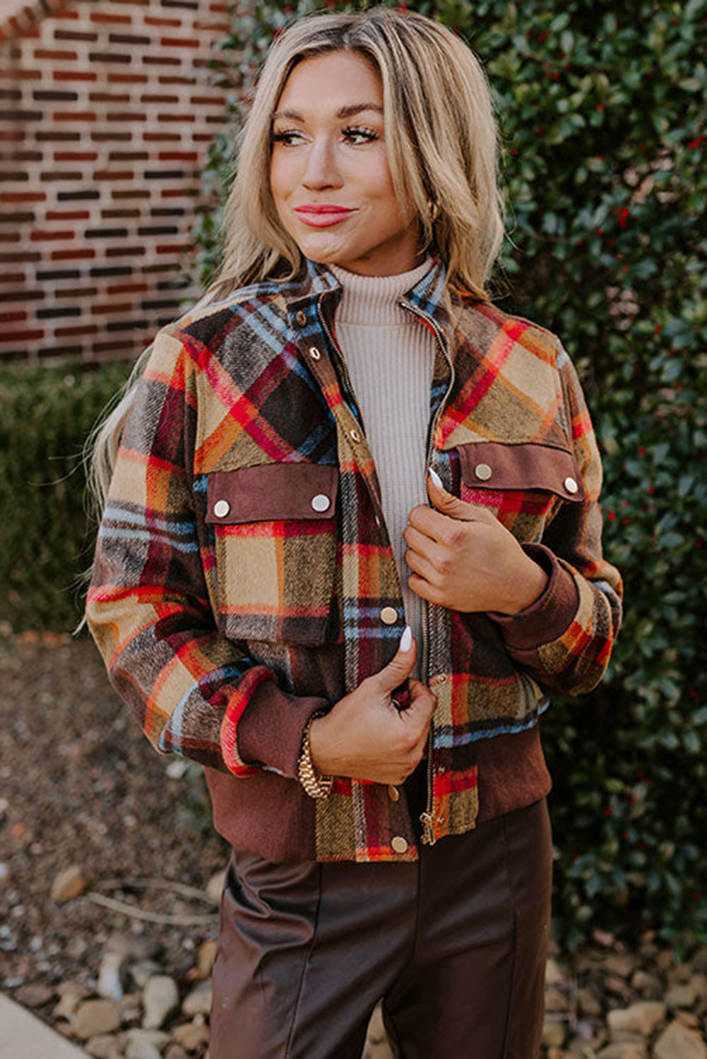 Brown Checkered Print Chest Pockets Button Zipper Stand Neck Jacket