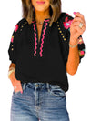 Black Floral Embroidered Ricrac Puff Sleeve Textured Blouse