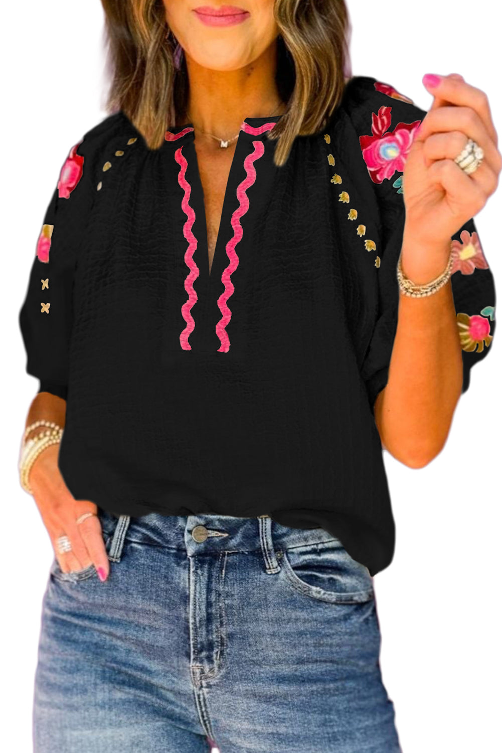 Black Floral Embroidered Ricrac Puff Sleeve Textured Blouse