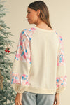 Apricot Crinkle Rib Floral Patchwork Balloon Sleeve Top