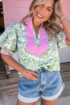 Green Leaves Pattern Colorblock V Neck Puff Sleeve Blouse